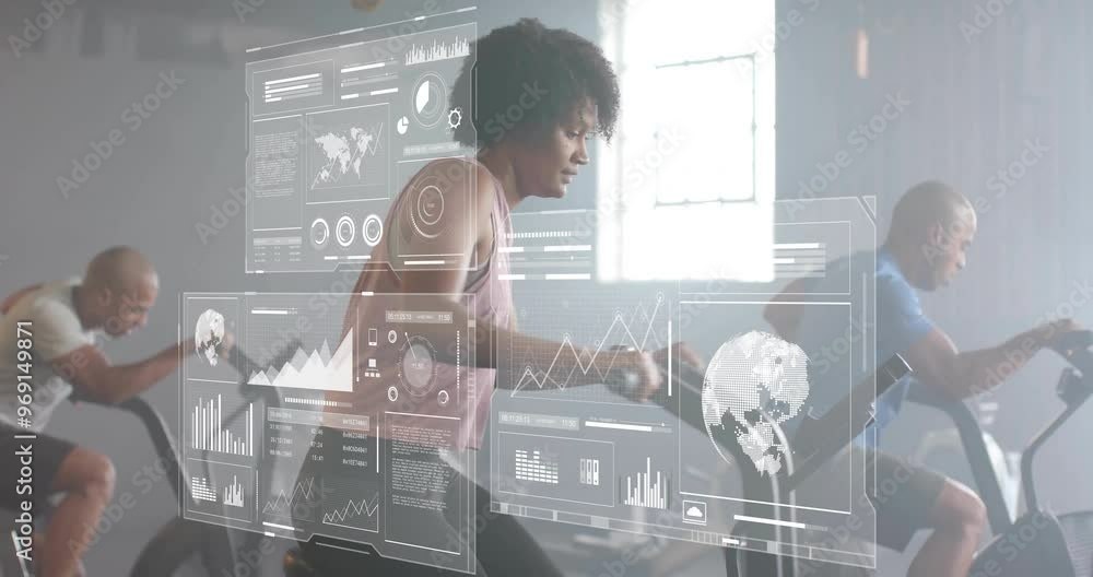 Poster animation of digital data processing over diverse people exercising in gym