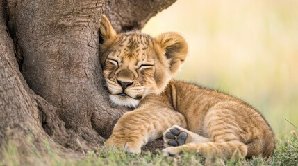 Obraz premium A sleeping lion cub nestled against a tree, exuding tranquility and innocence.