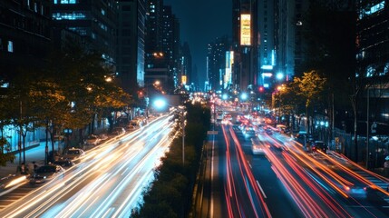Obraz premium A vibrant cityscape at night, showcasing light trails from moving vehicles on a busy street.