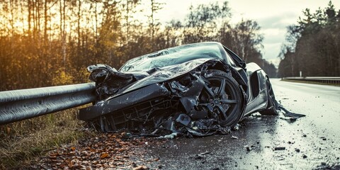 Wrecked black car on a road.