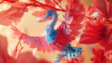 Beautiful origami bird in vivid red and blue colors among floral blossoms, showcasing intricate paper folding art.