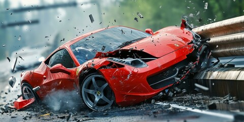 A red sports car crashed into a barrier.