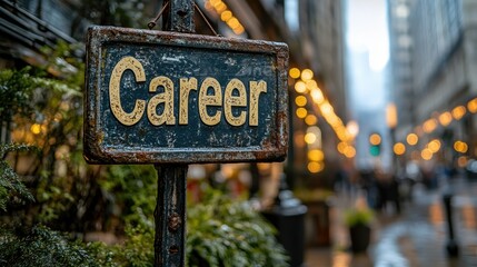 A rusted metallic signpost with the word Career prominently displayed in front of a vibrant, bustling city street backdrop illuminated with warm lights