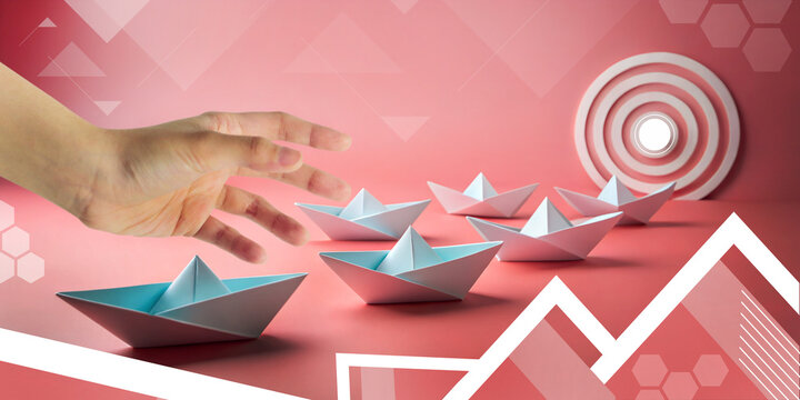 Abstract background. Paper Boat with Business Ideas and Goals of Young Leaders in Future Financial Investments. Hand, Pink, Direction, Victory, Travel