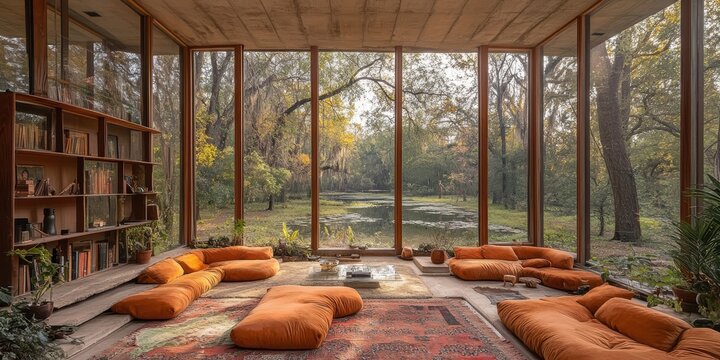Fototapeta A cozy and serene living space with large floor-to-ceiling windows offering a panoramic view of a lush forest and lake, perfect for relaxation and reading