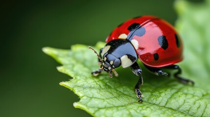 Naklejka premium A detailed shot of a ladybug crawling on a plant leaf, highlighting its bright red shell with black spots and its tiny legs.