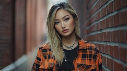 A portrait of a young woman in an urban setting, showcasing fashion and style.