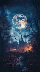 Fototapeta premium Mystical Halloween scene glowing pumpkins spooky bats bright full moon wallpaper