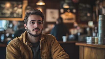 Fototapeta premium A young man sits in a cafe, looking thoughtfully at the camera.