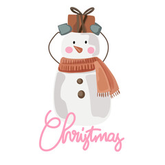 Vector cartoon Snowman for Christmas Card. Merry Christmas and Happy New Year greeting card. Snowman character in a flat style on a white background