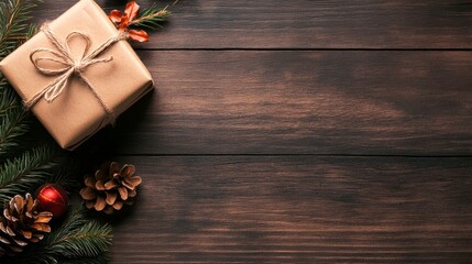 A neatly wrapped gift box with a twine bow sits on a dark wooden surface surrounded by pine branches, pine cones, and a red bauble, ideal for holiday promotions, greetings, and festive themes,