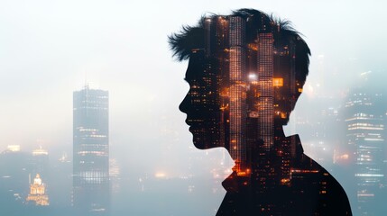 A man's silhouette overlaid with city skyscrapers at night, blending urban lifestyle and personal identity ideal for themes like urbanization, business, and introspection,