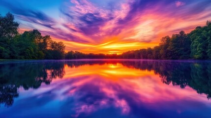 Obraz premium A vibrant sunset reflects on a tranquil lake surrounded by lush trees.