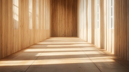 Sunlight pours through tall windows, casting long shadows along a wooden hallway, ideal for themes of tranquility, minimalism, and architectural design,