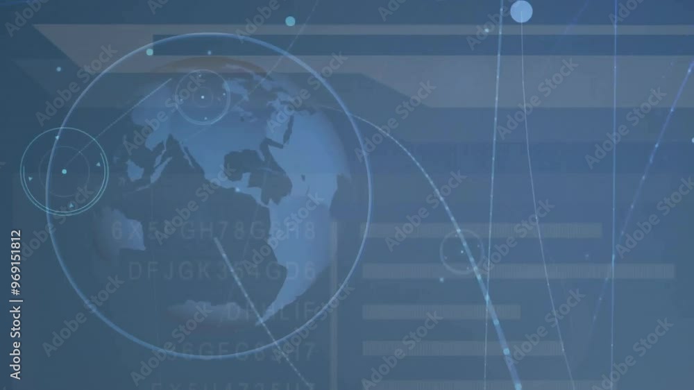 Poster animation of connections with data processing and globe over blue background