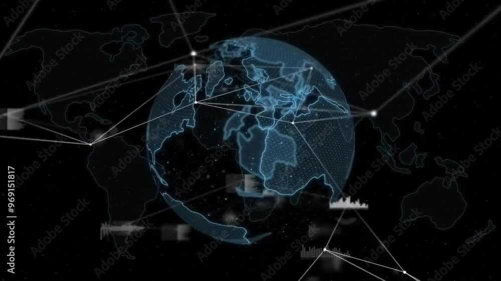 Poster animation of connections with data processing and globe over black background