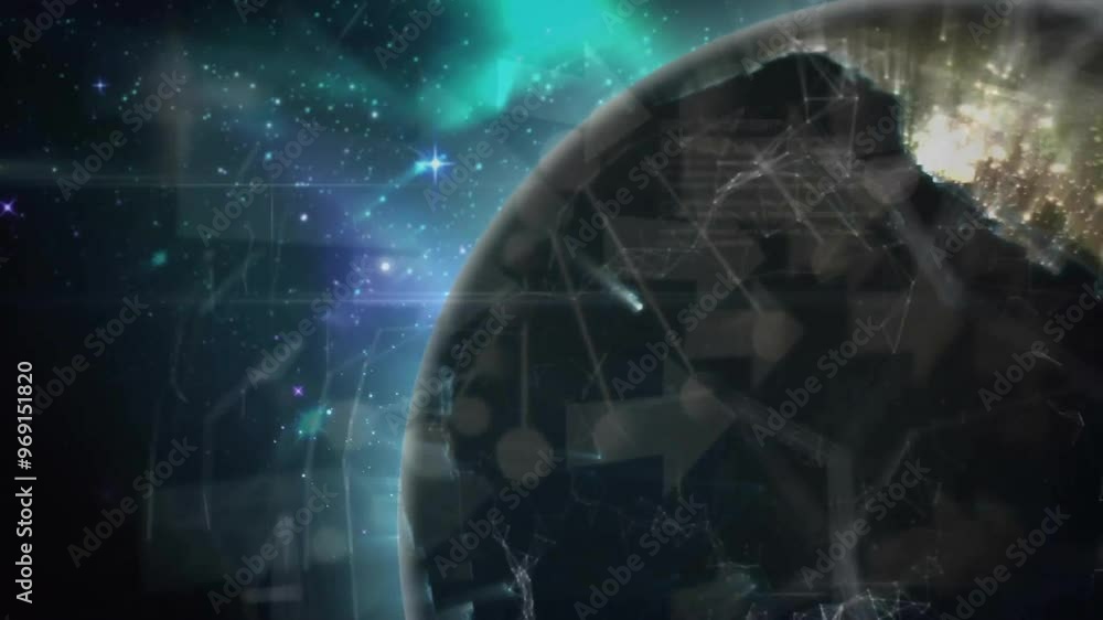 Poster animation of data processing and globe over black background