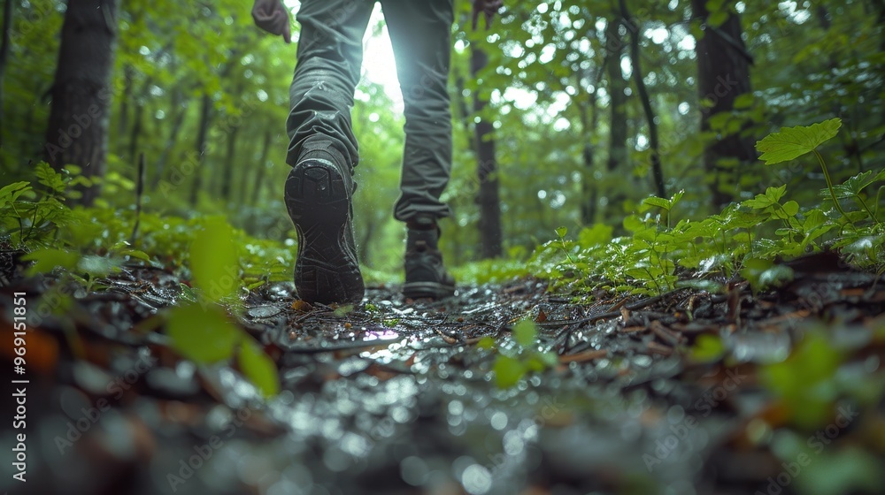 Wall mural hiker in forest walking along a lush, green, and sun-dappled path filled with wet leaves and ground 