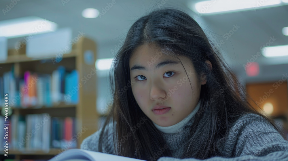 Poster A student sits at a table in a library, deeply focused on her reading while surrounded by books and an atmosphere of concentration