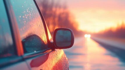 A car side mirror on a wet road reflecting a warm, tranquil sunset, with blurred headlights in the distance perfect for automotive, travel, or insurance themes,