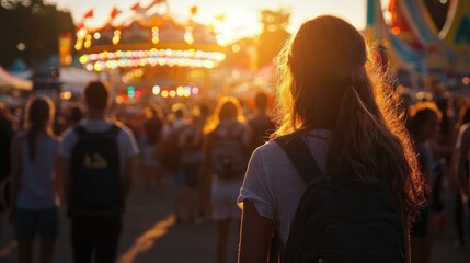 Fototapeta premium A sunset scene at a lively festival with a crowd and a carousel in the background.