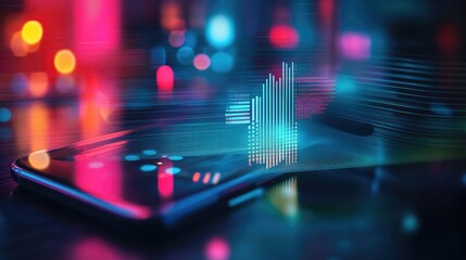 A digital radio interface on a smartphone, with a signal bar and radio waves being transmitted, highlighting modern radio streaming