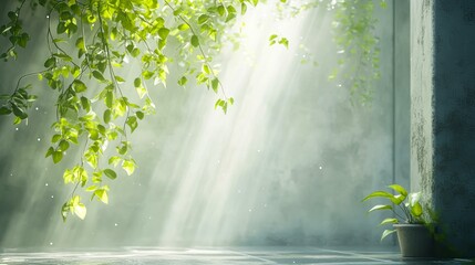 Sunlight streaming through green foliage, casting a serene glow on a potted plant in a misty room, Ideal for themes of tranquility, nature, indoor gardening, or eco-friendly living,