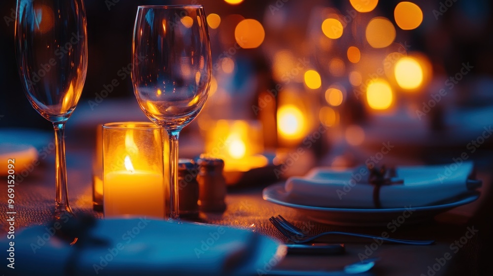 Sticker A romantic dinner setting with candles and elegant tableware creating a warm ambiance.