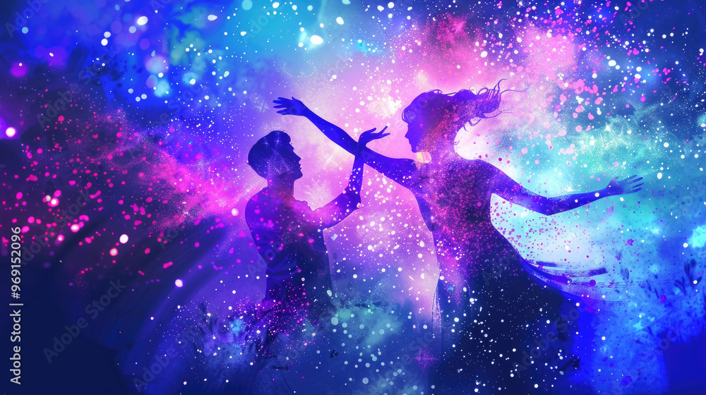 Poster two dancers move elegantly together in a stunning cosmic setting that sparkles with bright colors an