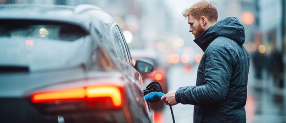 A man charges an electric car on a rainy day in an urban setting, suitable for use in editorials, blogs, or advertising related to electric vehicles, sustainability, and urban living,