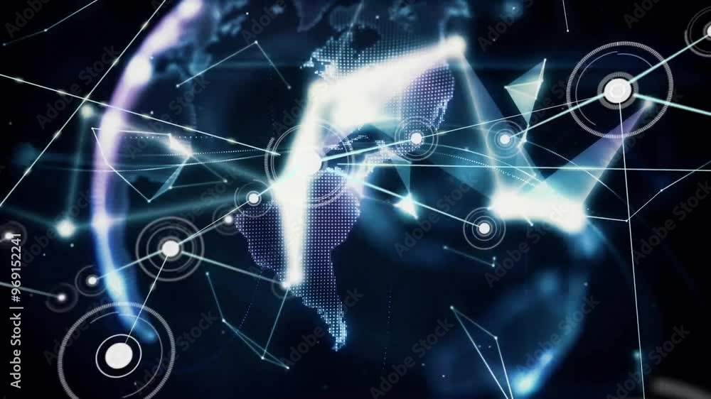 Poster animation of connections with data processing and globe over black background