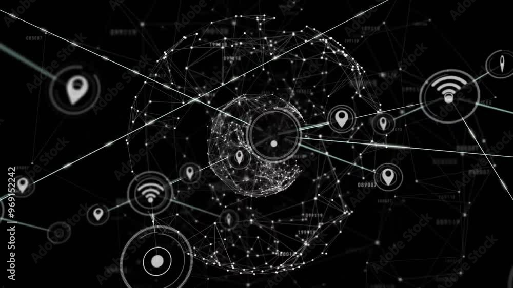 Poster animation of connections with data processing and globe over black background