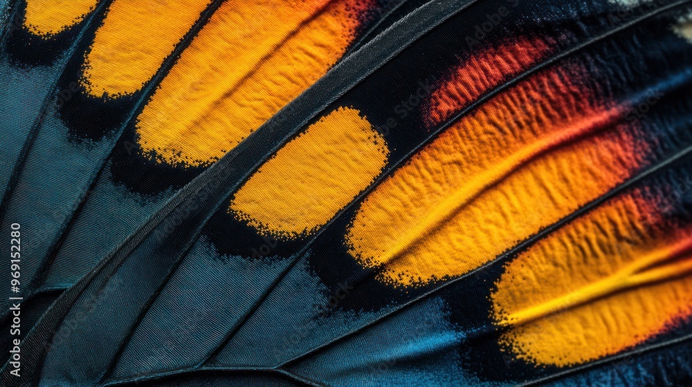 Poster close-up of a butterfly's colorful wing patterns showcasing intricate textures.