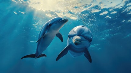 Fototapeta premium A dolphin and its calf swimming together, with the calf playfully interacting with its parent, highlighting the bond between them.