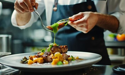 A chef plating a gourmet dish with precision and care.