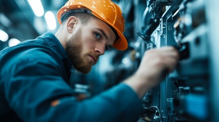 A focused male engineer wearing an orange hard hat is working on an industrial electrical panel, ideal for portraying themes of maintenance, engineering, and industrial safety,