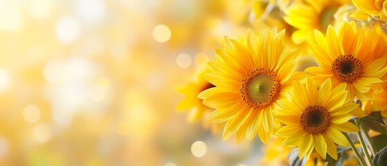 Fototapeta premium Bright sunflowers in full bloom with a soft, sunlit background evoke feelings of summer, nature, and happiness perfect for seasonal greetings, nature blogs, or wellness content,