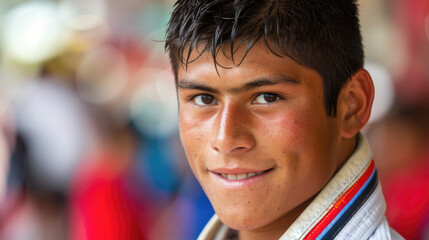 A young athlete shares a joyful smile following his success at a martial arts competition, showcasing determination and spirit outdoors