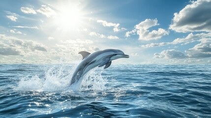 Obraz premium A dolphin creating a splash as it playfully interacts with the water, with a serene ocean horizon and a bright, sunny sky above.