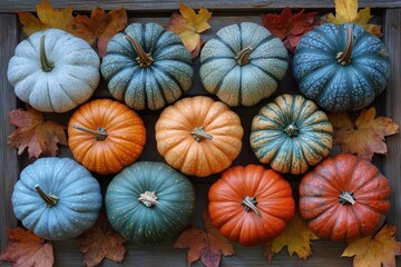 autumnal abundance colorful array of pumpkins and fallen leaves arranged on rustic wooden backdrop warm hues and textures evoke cozy harvest atmosphere