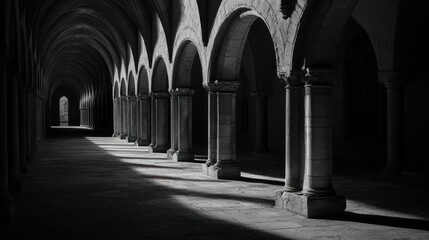 A monochrome image of a cloistered corridor with arches and shadows creating a serene atmosphere.