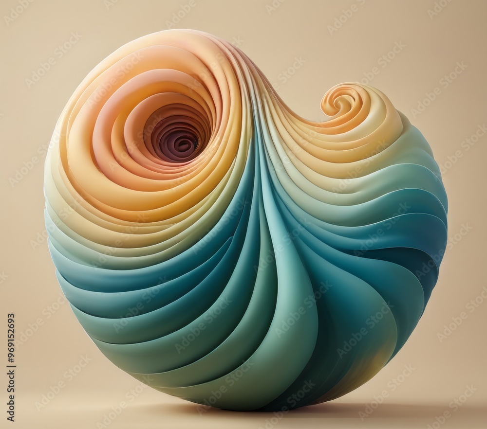 Poster an elegant abstract sculpture featuring a spiral design with flowing gradient hues of pastel colors.