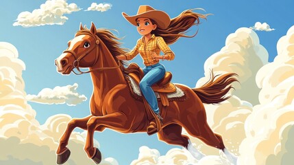 Cartoon Cowgirl Riding a Horse Through the Clouds