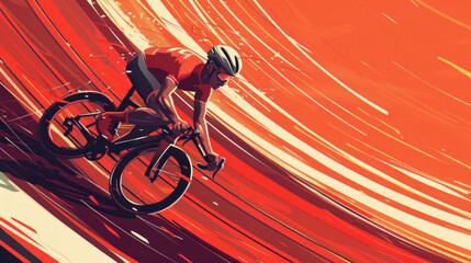 A cyclist in a red jersey races energetically along a stylized track with swirling orange patterns, showcasing speed and motion