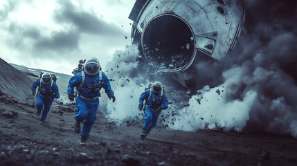 A movie poster depicts an alien spacecraft crashing to the ground, with three space explorers in blue spacesuits running away from it towards the camera