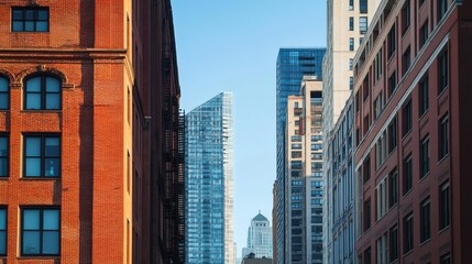 Fototapeta premium A cityscape featuring a blend of historic and modern architecture under a clear sky.