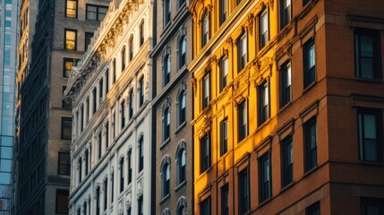 Fototapeta premium Sunlight illuminates historic buildings, showcasing architectural details and textures.