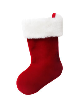 red Christmas stocking with white fur trim isolated on transparent background