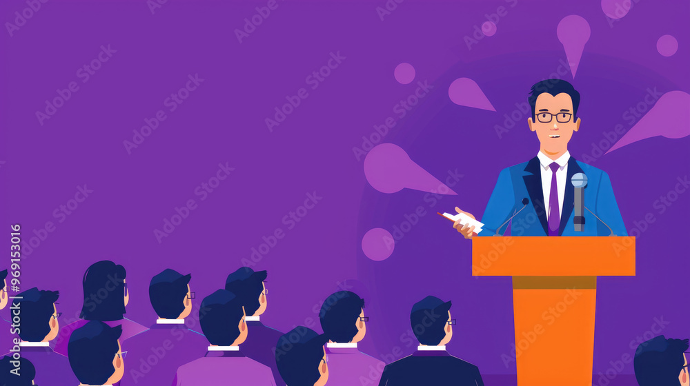 Poster an engaged speaker presenting to a focused audience in a conference hall, emphasizing key points and