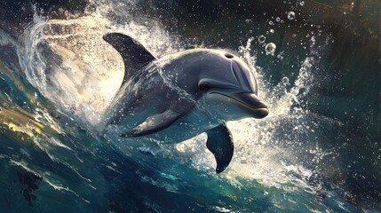 Naklejka premium A dolphin twirling in the water with its fins extended, surrounded by splashes and bubbles, emphasizing its playful nature.